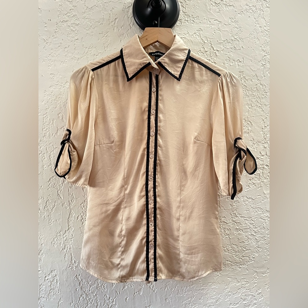 bebe Cream silk Shirt with Black Trim